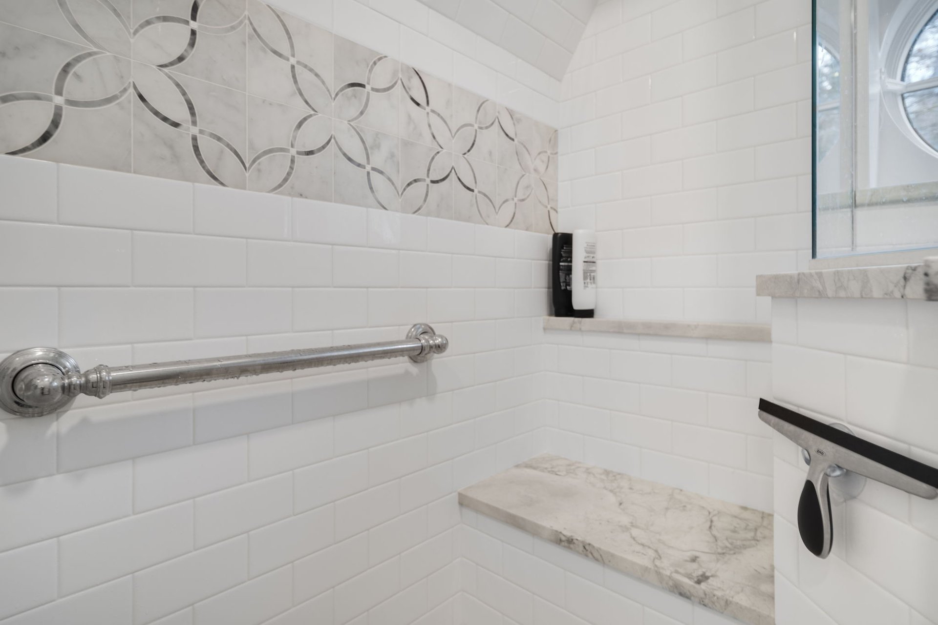 Bathroom Wall Tile Ideas, Trends & Tips 7 Built in seat in tile shower with flowery bathroom wall tile