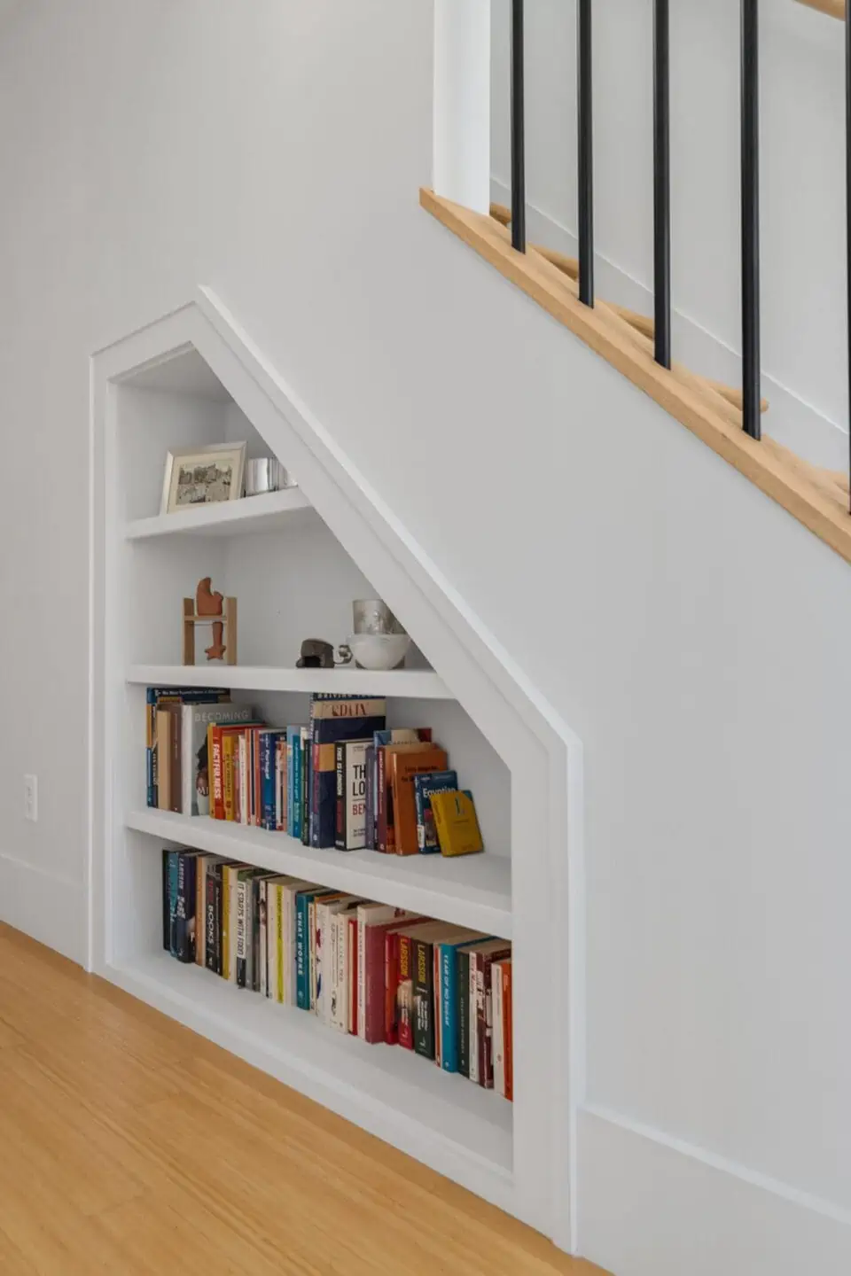 Built in bookcase under stairs