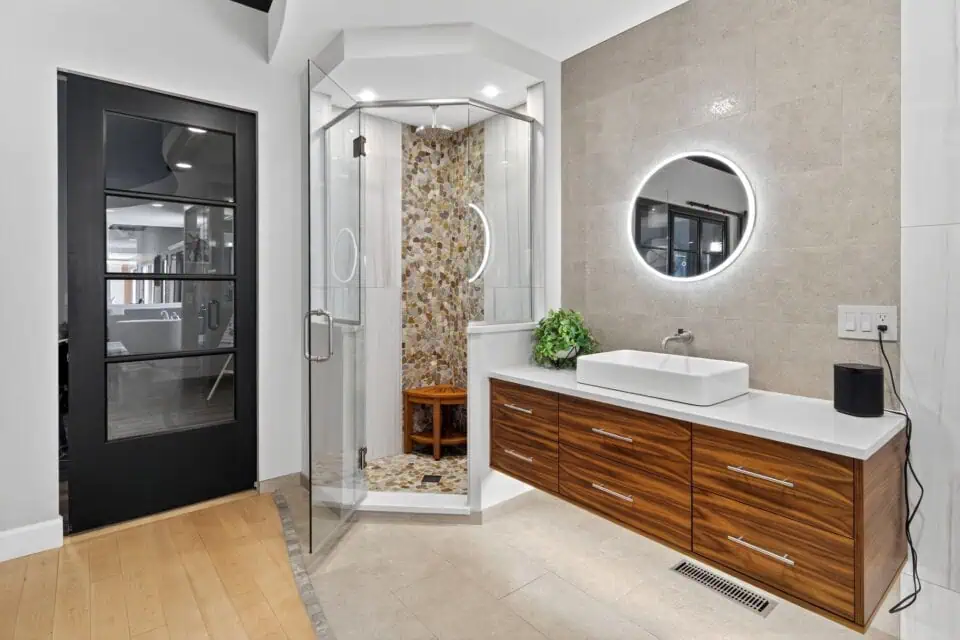 Wall Hung Sink On A Floating Cabinet Installed By Upscale Remodeling
