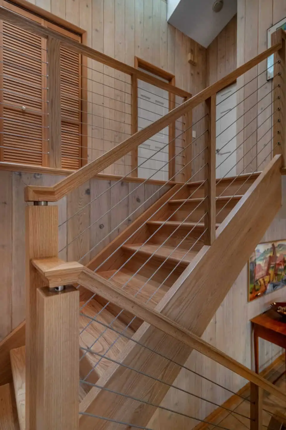 Custom oak stairs with wire railing