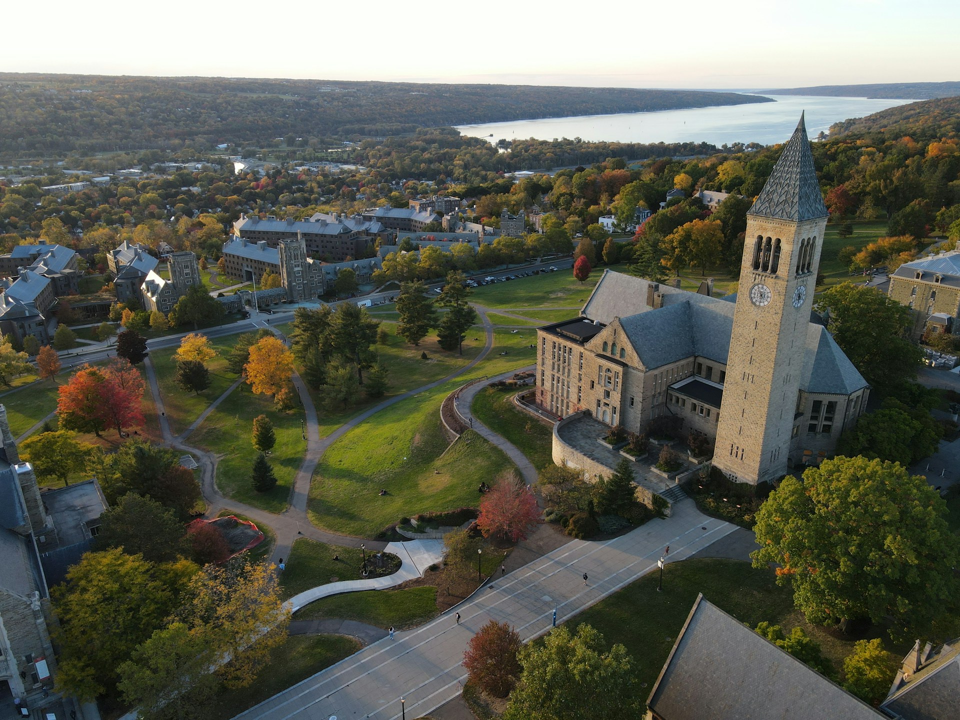 Ithaca NY aerial shot of a Cornell University tower